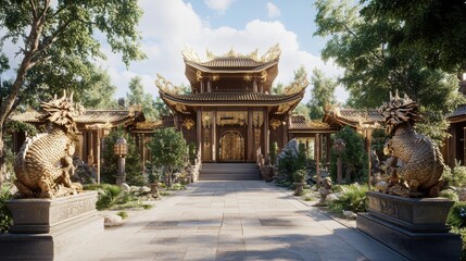 Fototapeta premium Majestic temple entrance surrounded by lush greenery and decorative statues