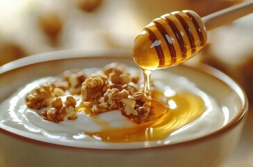 Drizzling honey on yogurt with nuts cozy kitchen food photography bright setting close-up healthy snacking ideas
