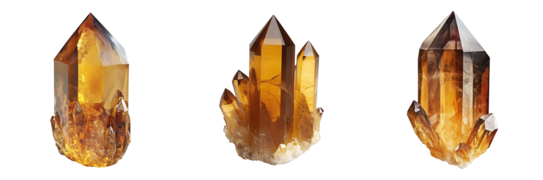 Amber crystal clusters isolated on transparent background