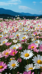 Obraz premium AI generator image of white and pink daisies, thousands upon thousands of petals, the entire flower field is covered with blooming flowers, a sea of white and yellow-pink daisy flowers against 