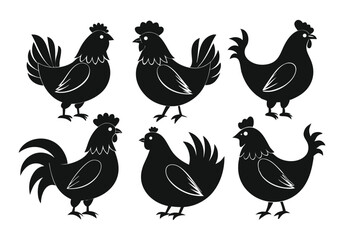 Set of Silhouetted Rooster Heads