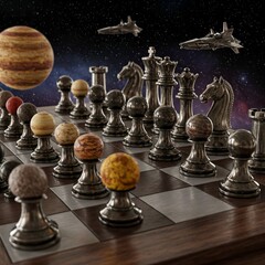 Chess pieces on a board with a space theme background, featuring planets and spaceships.