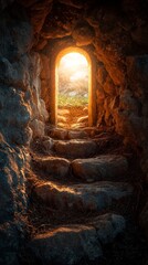 Stone Steps Leading to a Bright Exit from a Dark Cave at Sunset