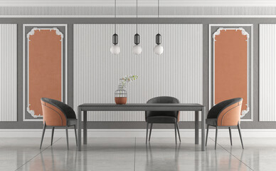 Modern dining room interior with gray table and orange chairs