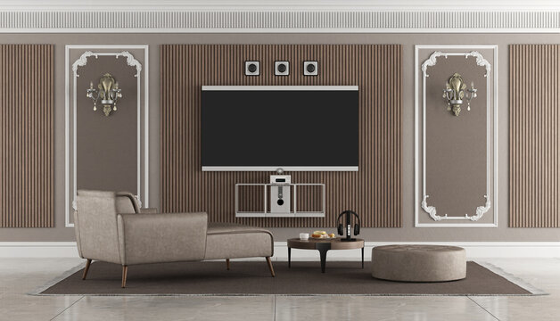 Elegant living room interior with tv and sofa in classic style