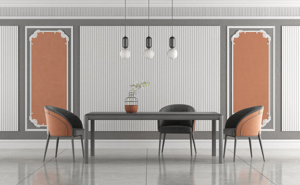 Modern dining room interior with gray table and orange chairs