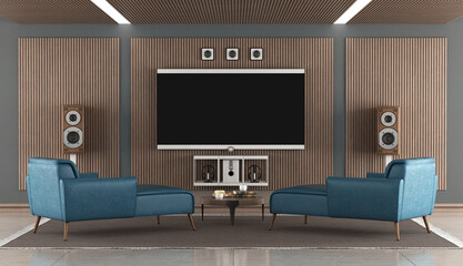 Modern home theater with large screen tv and blue chaises longues