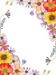 Frame with watercolor pressed dried flowers. Isolated on white background