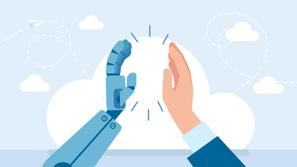 High five. Artificial Intelligence, human cooperate with machine or robot, AI help or support coworker, assistance, partnership concept, businessman hand high five with robot hand. Vector illustration