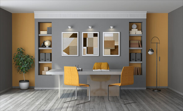 Modern and elegant home office interior with yellow chairs and abstract art