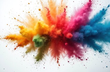 Colorful powder explosion on white background. Artistic splash of bright powder paints. Vibrant ink colors burst. Creative abstract design, holi festival, powder paint splash background.