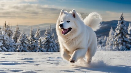 Fototapeta premium Playful Samoyed Running Joyfully Through Snowy Winter Wonderland