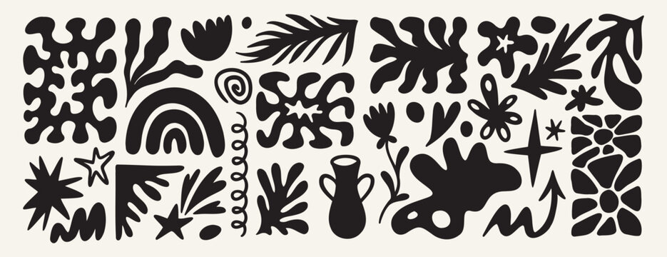 Matisse organic shapes. Abstract geometric contemporary nature doodle pattern, poster, cover, elements for botanic postcards. Naive art. 