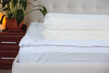 Two orthopedic pillows on the mattress. Concept of healthy sleep.