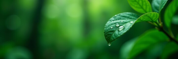 Fototapeta premium Rain droplets clinging to a leaf with blurred background of Arenal rainforest, foliage, plant