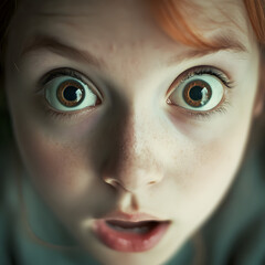 Naklejka premium Surprised child expressing emotions indoor setting portrait photography close-up view capturing awe