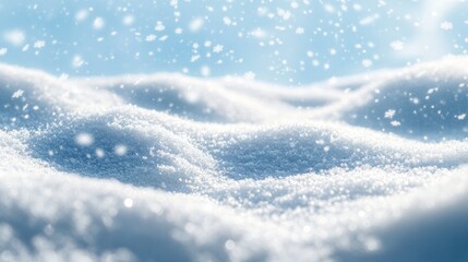 A snowy hill with snowflakes falling from the sky. The snow is white and fluffy, creating a peaceful and serene atmosphere