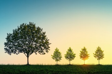 Sunset Silhouette of a Large Tree and Four Saplings in a Serene Meadow Landscape