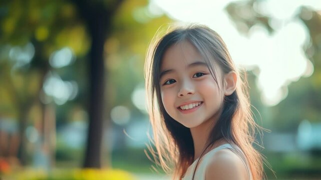 Smiling Young Girl in a Sunlit Park. Cheerful young girl smiling outdoors in natural sunlight, with trees and soft background blur.