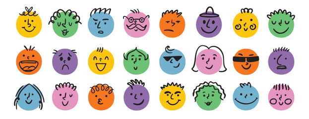 funny comic faces round abstract various emotions set. crayon drawing different colorful characters. cartoon flat design.