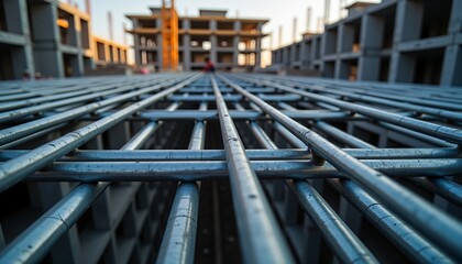 Close-up of metal railway tracks at sunset.