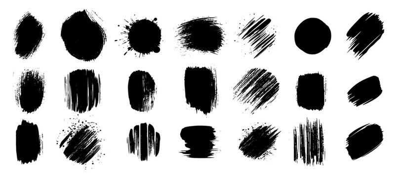 bold collection of grunge brush strokes and splashes in black and white. Includes paint textures, smears, ink stains, distressed patterns, and rough borders for edgy, artistic designs
