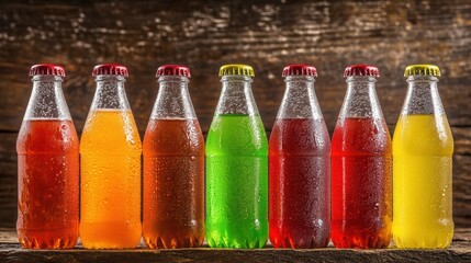 Refreshing Colorful Soda Bottles: A Vibrant Display of Summery Drinks on Rustic Wooden Background