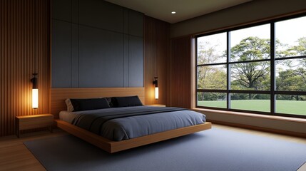 Modern minimalist bedroom with large window showcasing lush greenery outside, serene ambiance