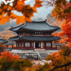 Obraz premium Autumn serenity traditional korean architecture south korea photography scenic landscape aesthetic viewpoint