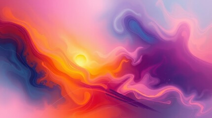 Abstract Sunrise Painting with Fluid Colors and Dreamy Atmosphere