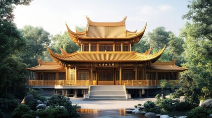 Obraz premium Golden architectural marvel surrounded by lush greenery in serene landscape