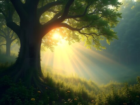 A landscape of enchanted forest tree and ethereal glow sunlight,