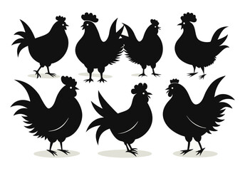 Set of Silhouetted Rooster Heads