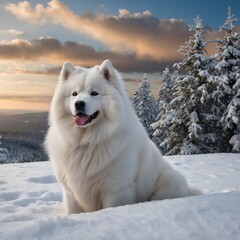Fototapeta premium Serene Samoyed Sitting on Snowy Hilltop, Gazing into Winter Landscape