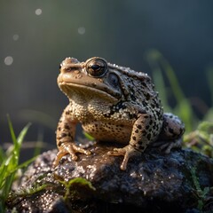 Obraz premium Woodhouse's Toad on a Rock with Morning Mist and Sunlit Forest