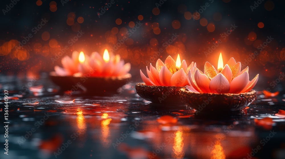 Poster three lit lotus candles on dark reflective surface with bokeh lights and petals.