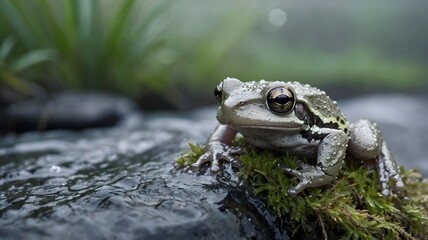 Cope's Gray Treefrog Clinging to a Damp Rock by a Stream