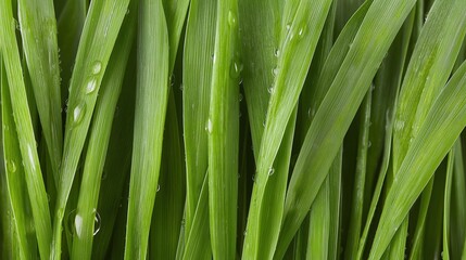 Obraz premium Close-up of a group of green leaves. the leaves are long and slender, with a pointed tip and a pointed end. they are arranged in a uniform pattern, with some overlapping each other.