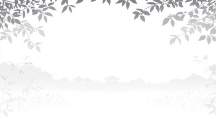 Silhouetted leaves frame serene landscape in grayscale