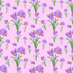 Vector floral pattern featuring purple flowers with green leaves on a soft pink background. The design is delicate and symmetrical, evoking a fresh, elegant, and feminine aesthetic. Seamless flower
