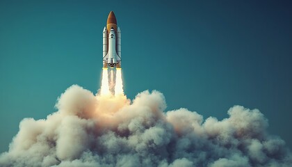 The space shuttle launching into the atmosphere leaving a fiery trail