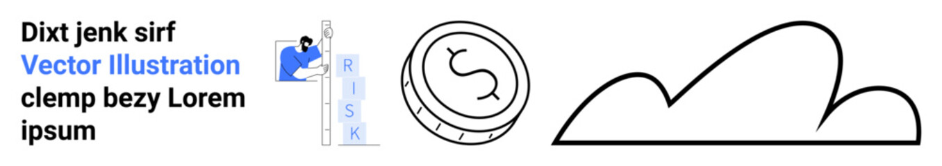 Business figure assessing risk, coin symbolizing growth, cloud representing technology. Ideal for finance, technology, business, strategy, analysis, innovation simple landing page