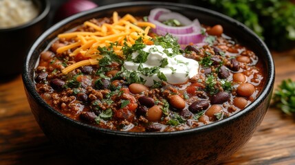 Delicious homemade chili topped with shredded cheese and fresh parsley