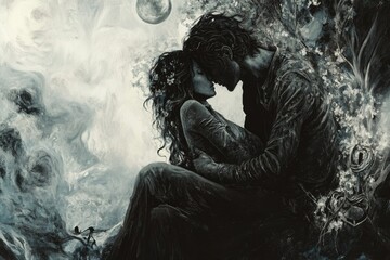 Embracing Couple Sitting Together in Moonlit Fantasy Scenery Art