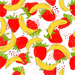 Cartoon banana, strawberry - seamless pattern. Doodle Yellow, red tropical fruits, one banana, bunch on white background. Hand drawn. Vegetarian food. Minimalistic style. Black line. Vector