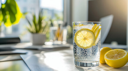 Refreshing lemon sparkling water in sunlit office setting