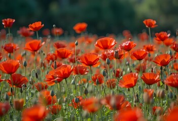 Fototapeta premium close up of many vibrant red poppy type flowers in a green field