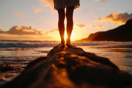 Silhouette of person on log at sunset