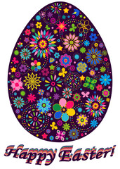 Vector frame Happy Easter! with a big egg with a pattern of colorful flowers. For the design of posters, banners, sales, cards, invitations, parties. Transparent background. Isolated