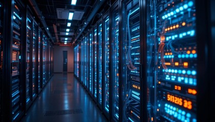 Futuristic Data Center with Glowing LED Server Racks – High-Tech Network Infrastructure.